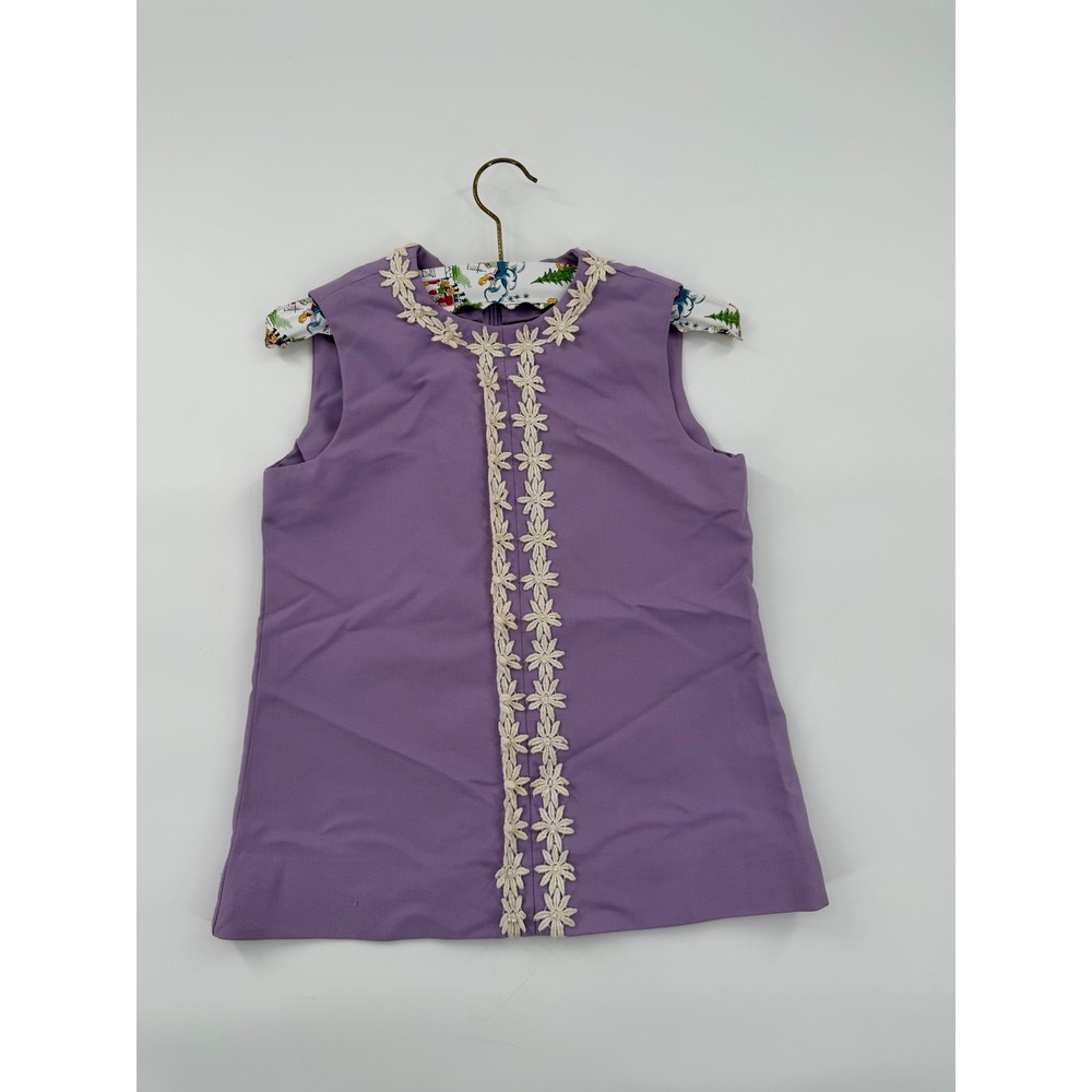 Vintage Purple Sleeveless Shell Top Cream Floral Lace Pearl Trim Zipper Back